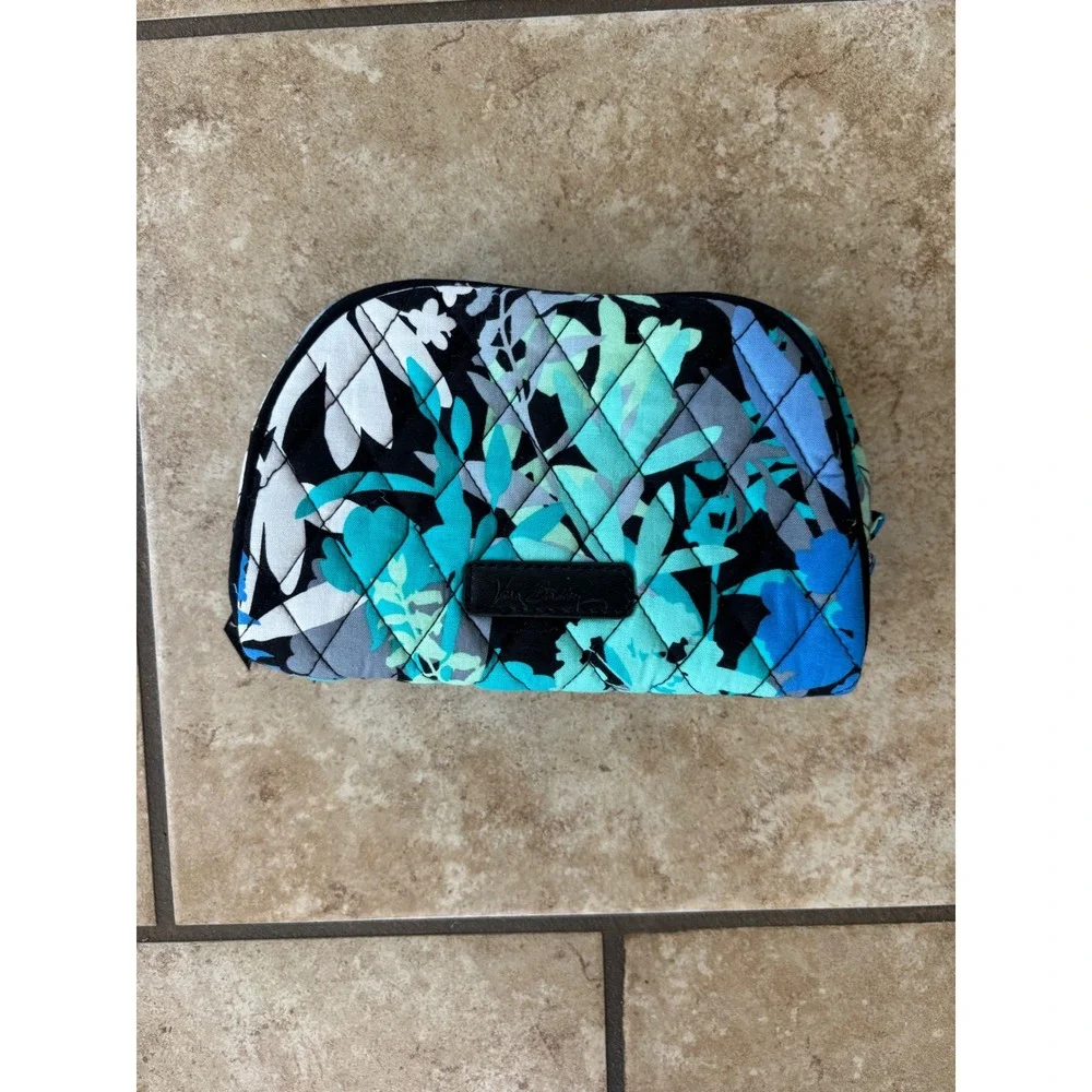 Vera Bradley Blue Teal Floral Quilted Cotton Cosmetic Makeup Travel Bag Pouch